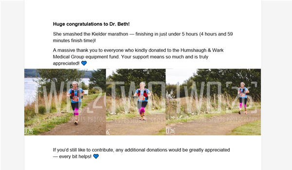 Huge congratulations to Dr. Beth!   She smashed the Kielder marathon — finishing in just under 5 hours (4 hours and 59 minutes finish time)!   A massive thank you to everyone who kindly donated to the Humshaugh & Wark Medical Group equipment fund. Your support means so much and is truly appreciated! 💙 If you’d still like to contribute, any additional donations would be greatly appreciated — every bit helps! 💙 